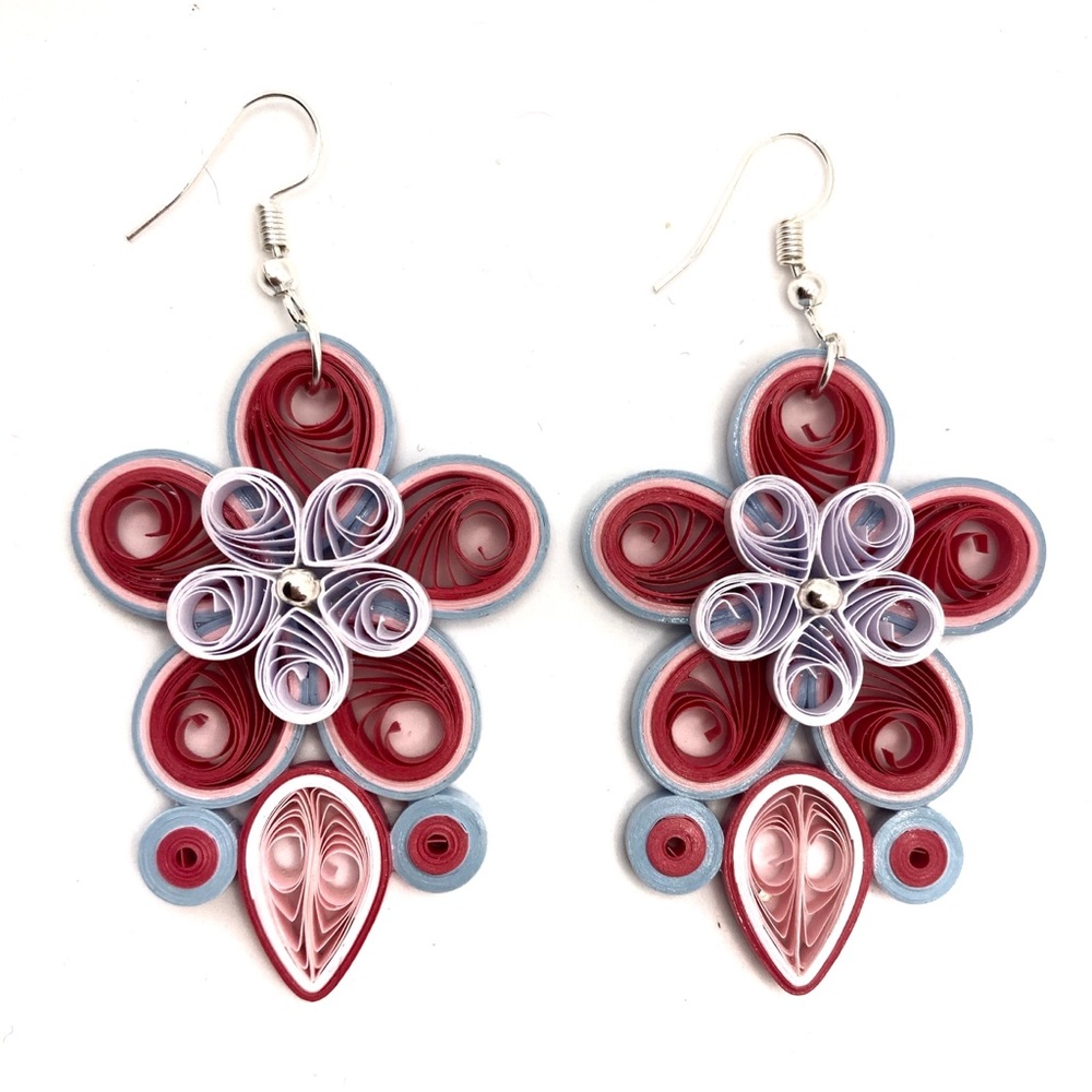 Red, blue, yellow, green, purple, red flower paper filigree earrings